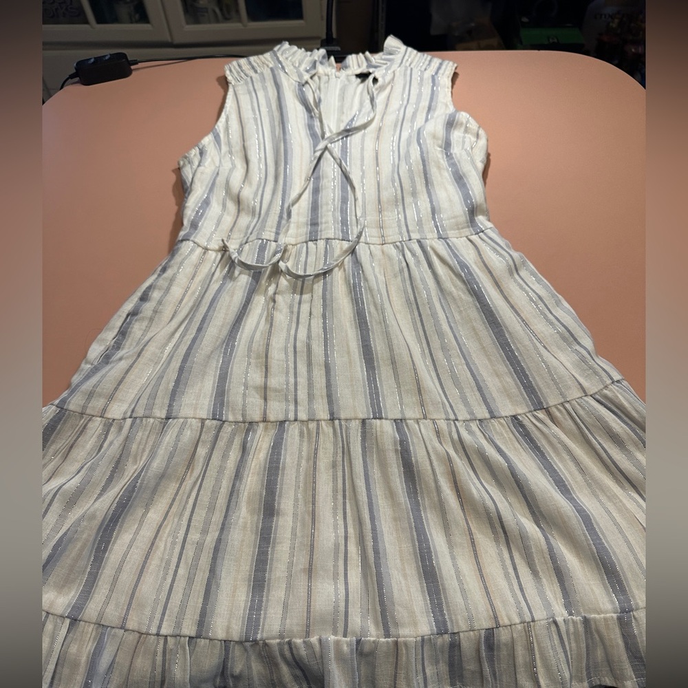 EUC Fabrik White and Light Blue Striped Tiered Dress